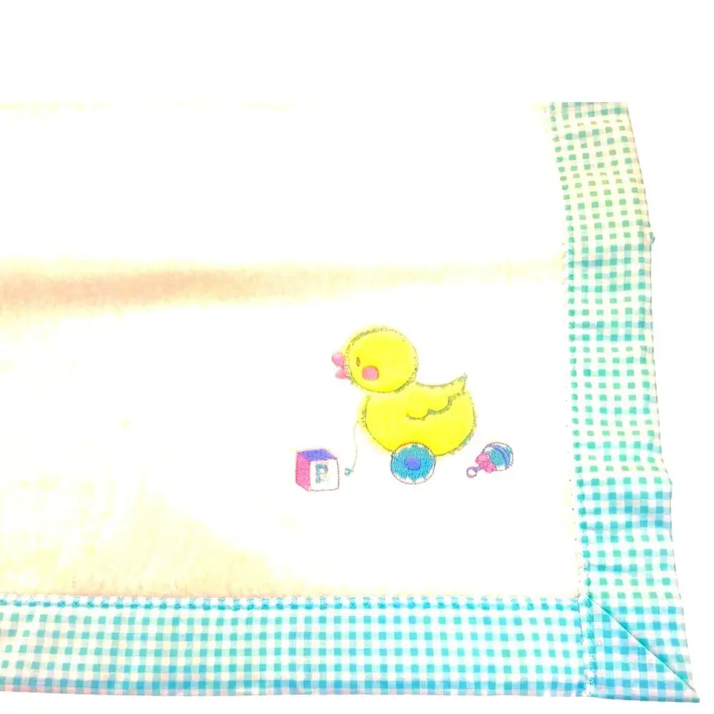 Baby Blanket Cuddle Time White Aqua Check Trim Chick Vtg